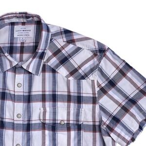 Lucky‎ Brand Mens L Western Shirt Plaid Pearl Snap Saturday Stretch Short Sleeve